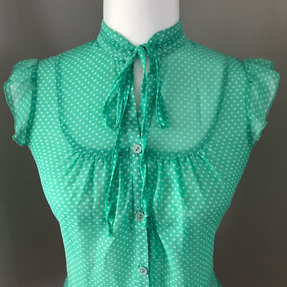 Sheer Polka Dot Bow Collar Button Down Top